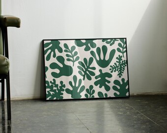 Abstract Printable Wall Art Maximalist Decor, Horizontal Poster Green Floral Shapes Poster, Retro Leaf Print, Moody Abstract Botanical Print