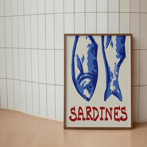 Sardines Wall Art Poster Sardine Vintage Print Retro Sardine Wall Art Fish Print Maximalist Eclectic Wall Art Colourful Kitchen Wall Art