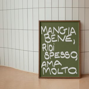 Italiaanse mangia bene kunst aan de muur groene vintage poster print decor, retro handgetekende poster, trendy muurkunst, galerie muur kunst afdrukbare muurkunst