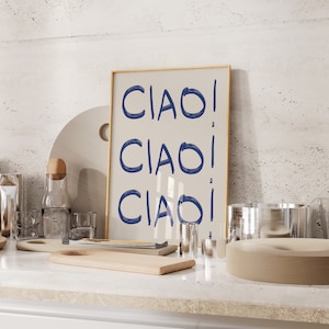 Italian Ciao Vintage Wall Print Retro Handdrawn Typography Poster Blue Wall Print Gallery Wall Art, Printable Wall Art Trendy Wall Art Decor