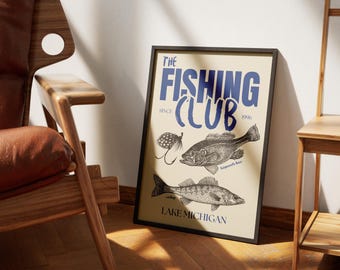 Fishing Club Vintage Poster Art Retro Fishing Print Cabin Wall Decor Outdoor Sports Fisherman Illustration Gift for Dad Printable Wall Art