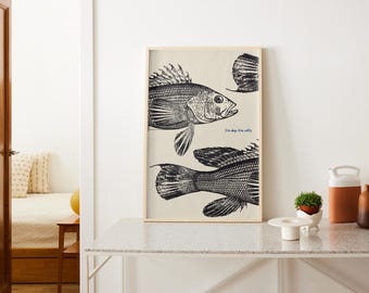 Sea Bass Fish Vintage Poster Art Retro Fishing Print Cabin Wall Decor Outdoor Sports Fisherman Illustration Ocean Fishing Printable Wall Art