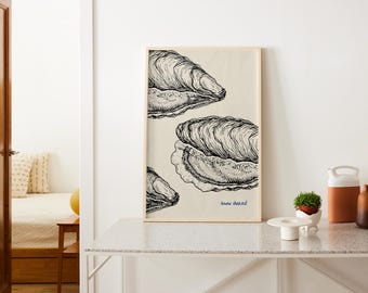 Oyster Print Vintage Ocean Poster Art Retro Print Cabin Wall Decor Coastal Kitchen Art Illustration Beach House Decor Printable Wall Art