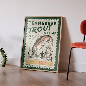 Forelle Fisch Vintage Poster Kunst Retro Angeln Druck Kabine Wand Dekor Outdoor Sport Fischer Illustration Tennessee Trout druckbare Wandkunst