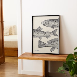 Trout Fish Vintage Poster Art Retro Fishing Print Cabin Wall Decor Outdoor Sports Fisherman Illustration Trout Family Printable Wall Art