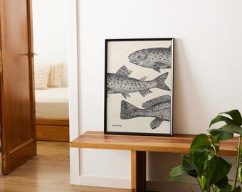 Öringfisk Vintageposter Konst Retro Fisketryck Stuga Väggdekor Utomhussporter Fiskare Illustration Öring Familj Utskrivbar Väggkonst