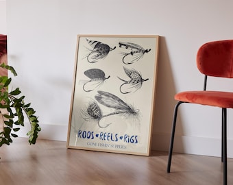Póster vintage de señuelos de pesca, arte retro, impresión de pesca, decoración de pared para cabaña, ilustración de pescador para deportes al aire libre, regalo para papá, arte de pared imprimible