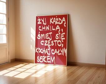 Polish Żyj Każdą Chwilą Wall Art Red Vintage Poster Print Decor, Retro Hand drawn Poster Trendy Wall Art Gallery Wall Art Printable Wall Art