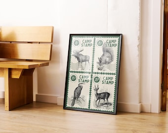 Outdoors Print Vintage Poster Art Camp Stamps Printable Wall Art Digital Download Retro Camping Print Cabin Wall Decor Instant Download