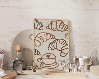 Arte mural de panadería italiana con croissant de moda, decoración de cocina, póster italiano bonito, impresión de cafetería, descarga digital, impresión de cafetería, impresión de cafetería