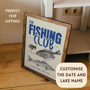 Fishing Club Vintage Poster Art Custom Retro Fishing Print Cabin Wall Decor Outdoor Sports Fisherman Illustration Gift for Dad Retirement