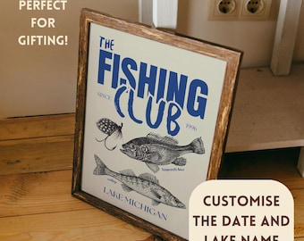 Fishing Club Vintage Poster Art Custom Retro Fishing Print Cabin Wall Decor Outdoor Sports Fisherman Illustration Gift for Dad Retirement