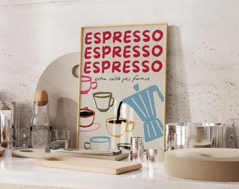 Espresso Coffee Print Italian Coffee Art Print Italian Kitchen Decor Colourful Aesthetic Kitchen Poster Digital Download Coffee Art Poster