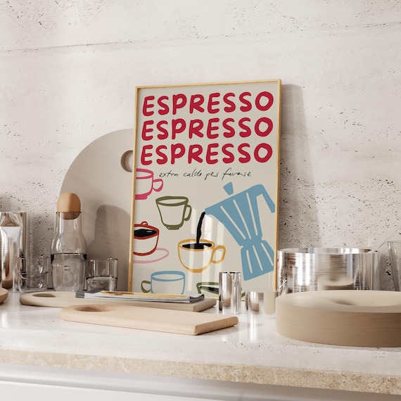 Espresso Coffee Print Italian Coffee Art Print Italian Kitchen Decor Colourful Aesthetic Kitchen Poster Digital Download Coffee Art Poster