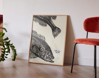 Bass Fish Vintage Poster Art Retro Fishing Print Cabin Wall Decor Outdoor Sports Fisherman Illustration Bass Family Bass Nursery Wall Art