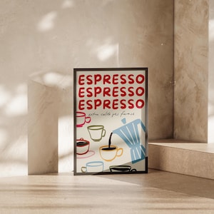 Puede incluir: Una impresi&oacute;n enmarcada con la palabra "ESPRESSO" repetida tres veces en texto rojo. La impresi&oacute;n presenta una ilustraci&oacute;n estilizada de una cafetera vertiendo caf&eacute; en una taza, rodeada de otras tazas de caf&eacute;.