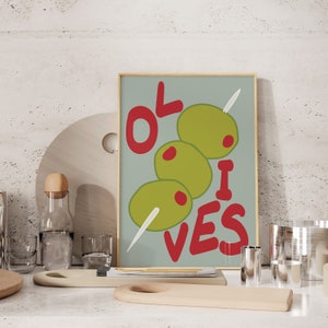 Olijven kleurrijke poster handgetekende appartement decor koken print, retro keuken print, kunst aan de muur keuken, esthetische wand decor, galerie kunst