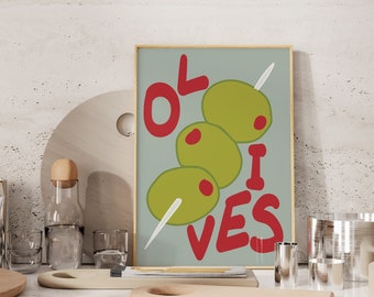 Olives Colourful Poster Hand drawn Apartment Decor Cooking Print, Retro Kitchen Print, Kitchen Wall Art, Aesthetic Wall Decor, Gallery Art