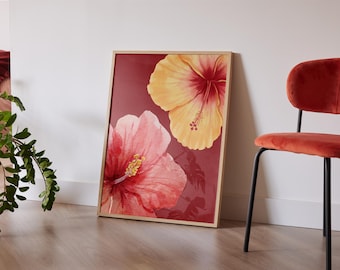 Tropical Floral Wall Art Digital Download Watercolour Hibiscus Flower Print Beach Home Decor Hawaii Wall Art Modern Coastal Pink Wall Decor
