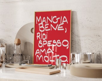 Italian Mangia Bene Wall Art Red Vintage Poster Print Decor, Retro Hand drawn Poster, Trendy Wall Art, Gallery Wall Art, Printable Wall Art