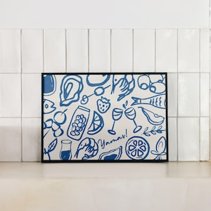 Greece Wall Art Mediterranean Print Blue Trendy Summer Poster, Horizontal Room Decor, Greek Summer Poster, Coastal Minimalist Kitchen Decor