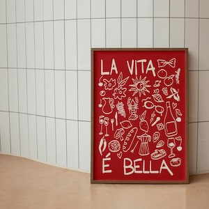 イタリアのLa Vitaウォールアートレッドヴィンテージポスタープリント装飾、レトロな手描きポスター、トレンディなウォールアート、ギャラリーウォールアート印刷可能なウォールアート引用