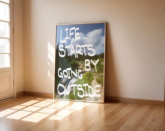 Outdoors Nature Wall Art, Life Starts By Going Outside Poster, Retro Hand drawn Poster Forest Mountains Printable Wall Art, Gallery Wall Art