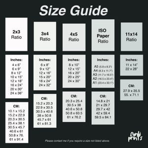 Puede incluir: Una gu&iacute;a de tallas con dimensiones en pulgadas y cent&iacute;metros para varias proporciones de impresi&oacute;n, incluyendo 2x3, 3x4, 4x5, ISO y 11x14. Las tallas incluyen 10.1 x 15.2 cm, 20.3 x 25.4 cm y 28 x 35.5 cm.