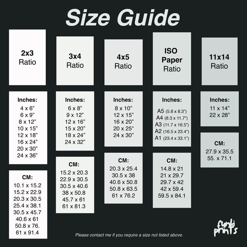 Puede incluir: Una gu&iacute;a de tallas con dimensiones en pulgadas y cent&iacute;metros para varias proporciones de impresi&oacute;n, incluyendo 2x3, 3x4, 4x5, ISO y 11x14. Las tallas incluyen 10.1 x 15.2 cm, 20.3 x 25.4 cm y 28 x 35.5 cm.