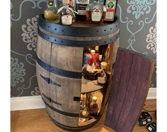 Armoire à whisky authentique vieillie en fût avec lumières LED | Meuble demi/complet fabriqué à la main à partir de vrais fûts de whisky