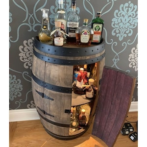 Authentic Whiskey Aged Barrel Cabinet w/ LED lights | Available Half/Full Cabinet Handcrafted from Real Whiskey Barrel