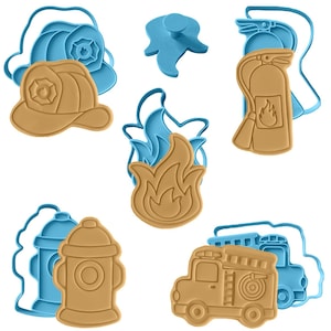 Brandweerstempelstempelset van 5 | Brandkraan | Brandblusser | Helm | Brandweerwagen | Vlam verjaardagsfeestje kinderthema Fondant