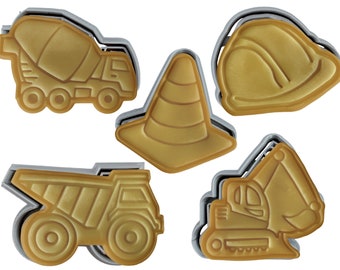 Construction Cookie Cutter Set of 5 | Cement Truck | Dump Truck | Excavator | Helmet Hat | Safety Traffic Cone Construction VehiclesMachines