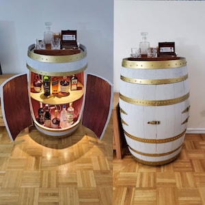Authentic White & Gold Whiskey Aged Barrel Cabinet w/ LED lights | Available Half/Full Cabinet Handcrafted from Real Whiskey Barrel