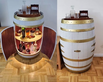 Authentic White & Gold Whiskey Aged Barrel Cabinet w/ LED lights | Available Half/Full Cabinet Handcrafted from Real Whiskey Barrel