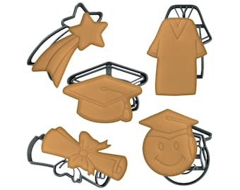 Set di 5 formine per biscotti per laurea/ Pergamena / Laureato / Cappello da laurea / Abito da laurea / Stella cadente / Diploma