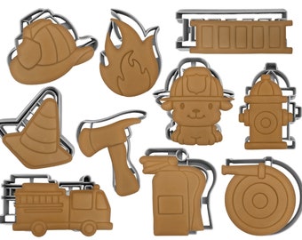 Fire Fighting Cookie Cutter Set of 10 | Fire Hydrant | Fire Extinguisher | Helmet | Fire Truck | Flame birthday party kids theme Fondant