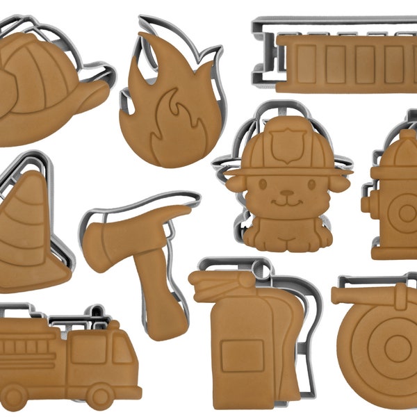 Fire Fighting Cookie Cutter Set of 10 | Fire Hydrant | Fire Extinguisher | Helmet | Fire Truck | Flame birthday party kids theme Fondant