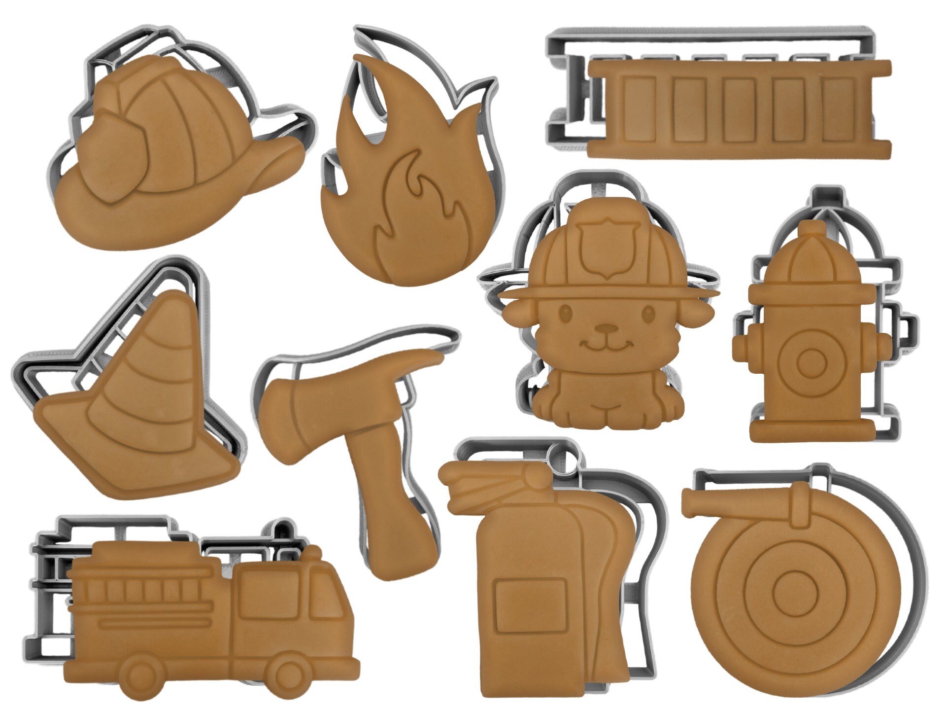 Fire Fighting Cookie Cutter Set of 10 | Fire Hydrant | Fire Extinguisher | Helmet | Fire Truck | Flame birthday party kids theme Fondant
