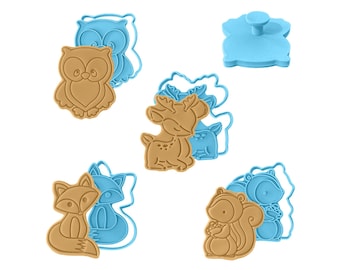 Woodland Animals Cookie Stamp Cutter set of 4 | Forest Fox Owl Deer Squirrel | Baby Shower fondant stamp birthday baking party kids