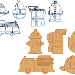 Set van 5 uitsteekvormen voor brandbestrijding | Brandkraan | Brandblusser | Helm | Brandweerwagen | Vlam verjaardagsfeestje kinderthema Fondant