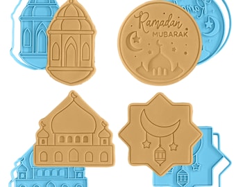 Ramadan set of 4 Cookie Cutter stamp | Eid Mubarak Mosque, Lantern, Moon & Ramadan Mubarak Designs |Fondant Stamp Baking Tools