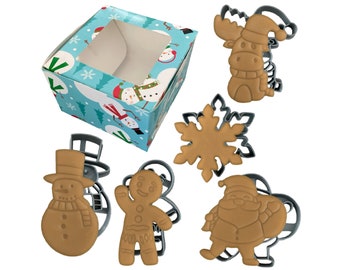 Paquete navideño de cortadores de galletas y caja de galletas / Papá Noel, hombre de jengibre, muñeco de nieve, copo de nieve, ciervo / Herramientas para hornear con sellos de fondant