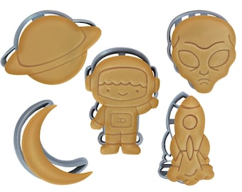 Outer Space Cookie Cutter Set of 5 | Astronaut | SpaceShip | RocketMan | Moon | Alien | Planet | Orbit Star | Galaxy Solar System Kids Party