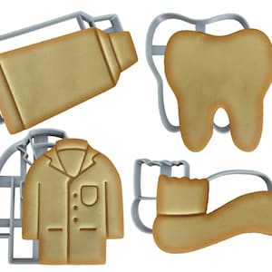 Zahnarzt Ausstechform 4er Set: Zahn, Zahnbürste, Zahnpasta, Arztkittel Fondant, Stempel, Cutter