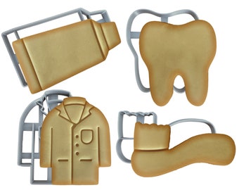 Dentist Cookie Cutter Set of 4: Tooth, ToothBrush, ToothPaste, Medical Coat Fondant, Stamp, Cutter