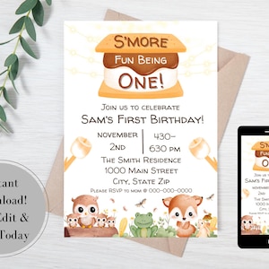 Modèle d'invitation personnalisé premier anniversaire Smore amusant être un, personnalisé 1er anniversaire camping en plein air fête à thème idée bébé mignon