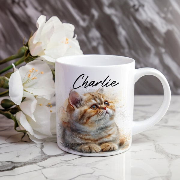 CUSTOM Exotic Shorthair Cat Mug, Personalized Orange Cat Kitty Kitten Coffee Cup, Cat Lover, Cat Mom Cat Dad Gift, Pet Name Cup, Cat Art