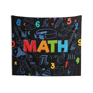 May include: A black wall tapestry featuring the word MATH in large, colourful block letters. The background is decorated with blue line-art illustrations of geometric shapes, mathematical symbols, numbers, and graphs scattered across the surface.