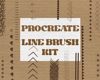Può includere: Un biglietto bianco con il testo "PROCREATE LINE BRUSH KIT" in testo marrone su uno sfondo marrone. Lo sfondo è decorato con vari motivi di linee, tra cui cuori, stelle, cerchi e frecce.